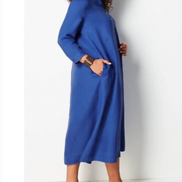 J. Jill LOVE LINEN Cobalt Blue 3/4 Sleeve Half Button Maxi Shirt Dress Pockets M - Picture 5 of 9